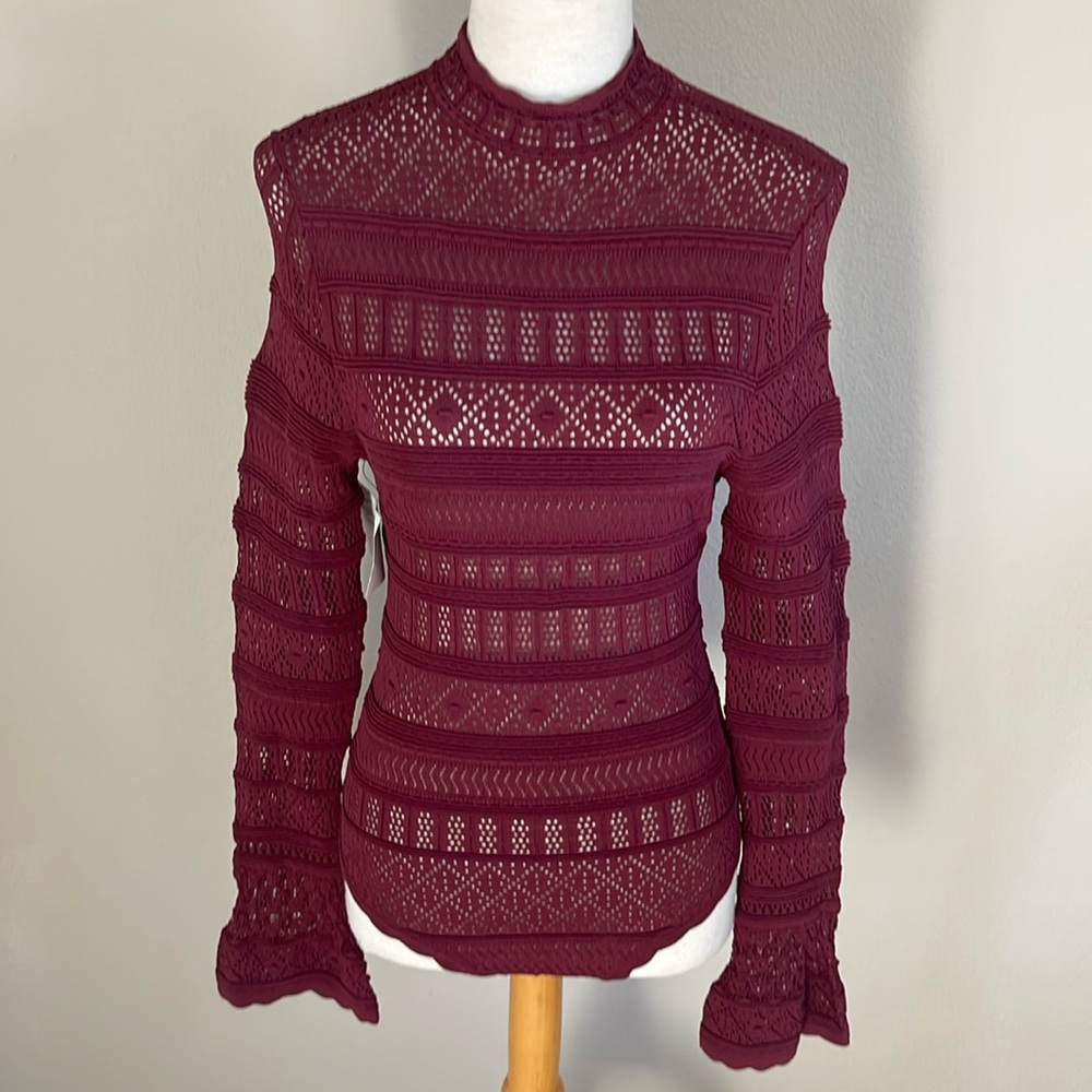 Ronny Kobo NWT Size Large Burgundy Net Long Sleeved Bodysuit